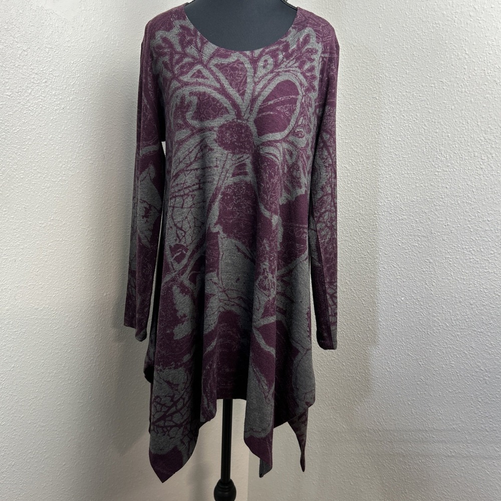 Soft Surroundings Sweater‎ Tunic Women's Small Gray & Maroon Floral Drape Artsy